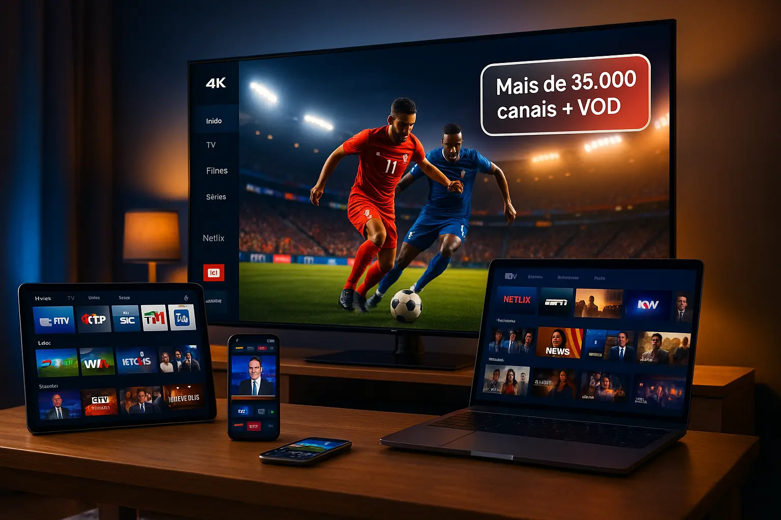Interface moderna de IPTV com fundo tecnológico em Portugal