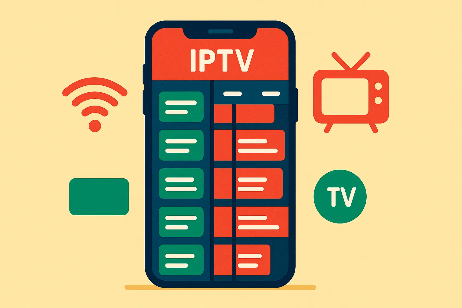 Ilustração mostrando um iPhone a reproduzir IPTV com lista M3U e EPG ativo