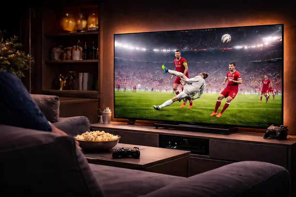 Melhor IPTV em Portugal 4K Streaming - Amigos a assistir futebol na TV